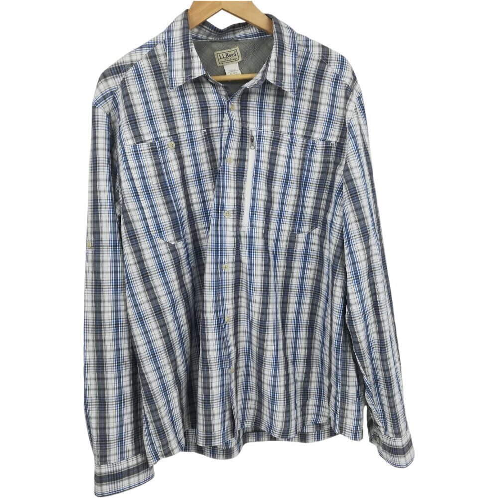 LL Bean Blue Plaid Vented Button Front Long Sleeve Fishing Shirt Size XL Reg